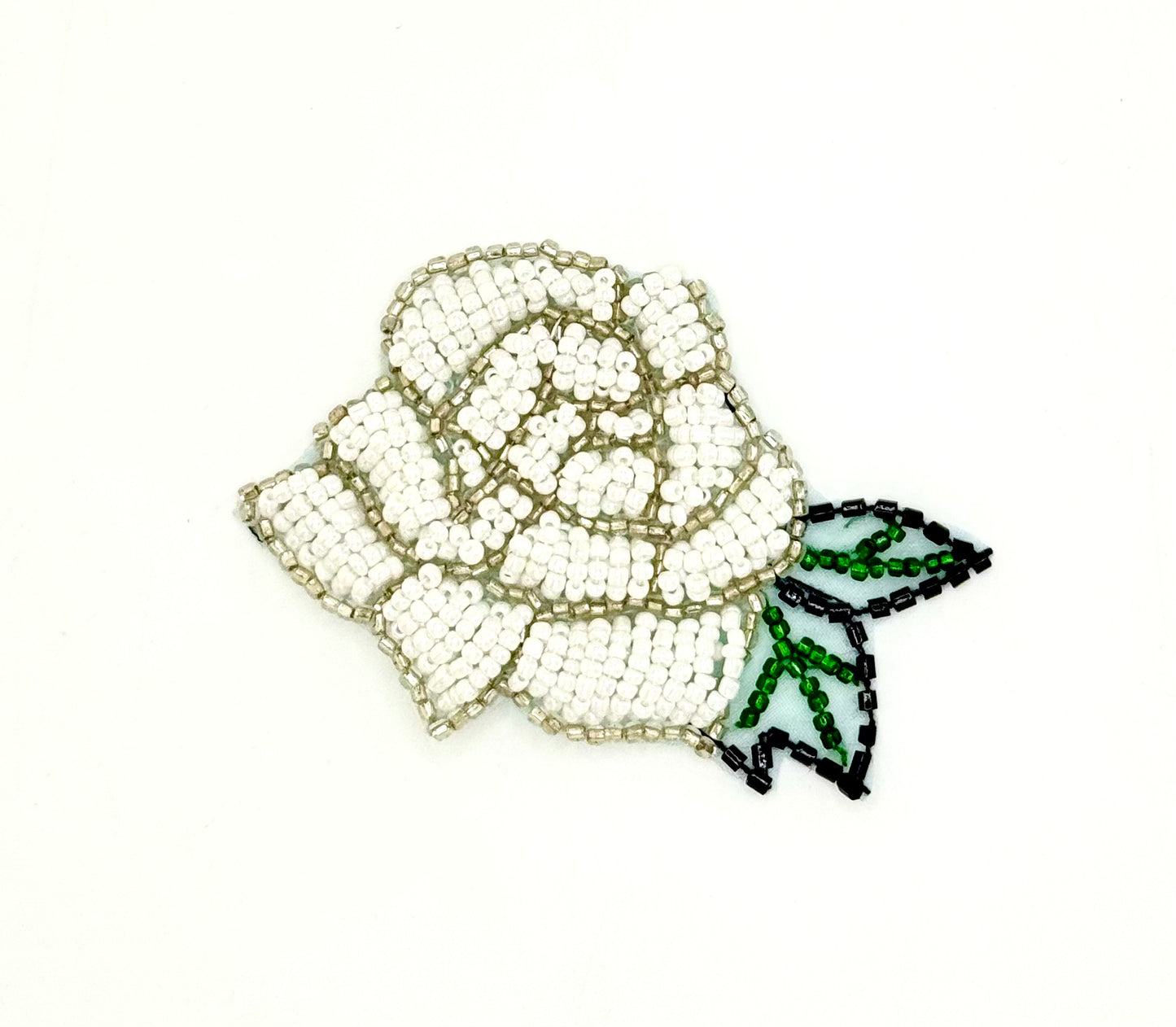 Rose Flower with White, Silver, Black and Green Beads 3” x 2”