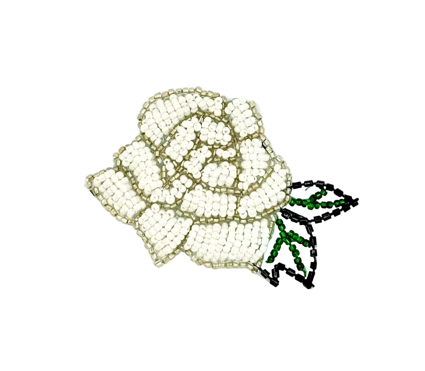 Flor de Rosa con Cuentas Blancas, Plateadas, Negras y Verdes 3" x 2"