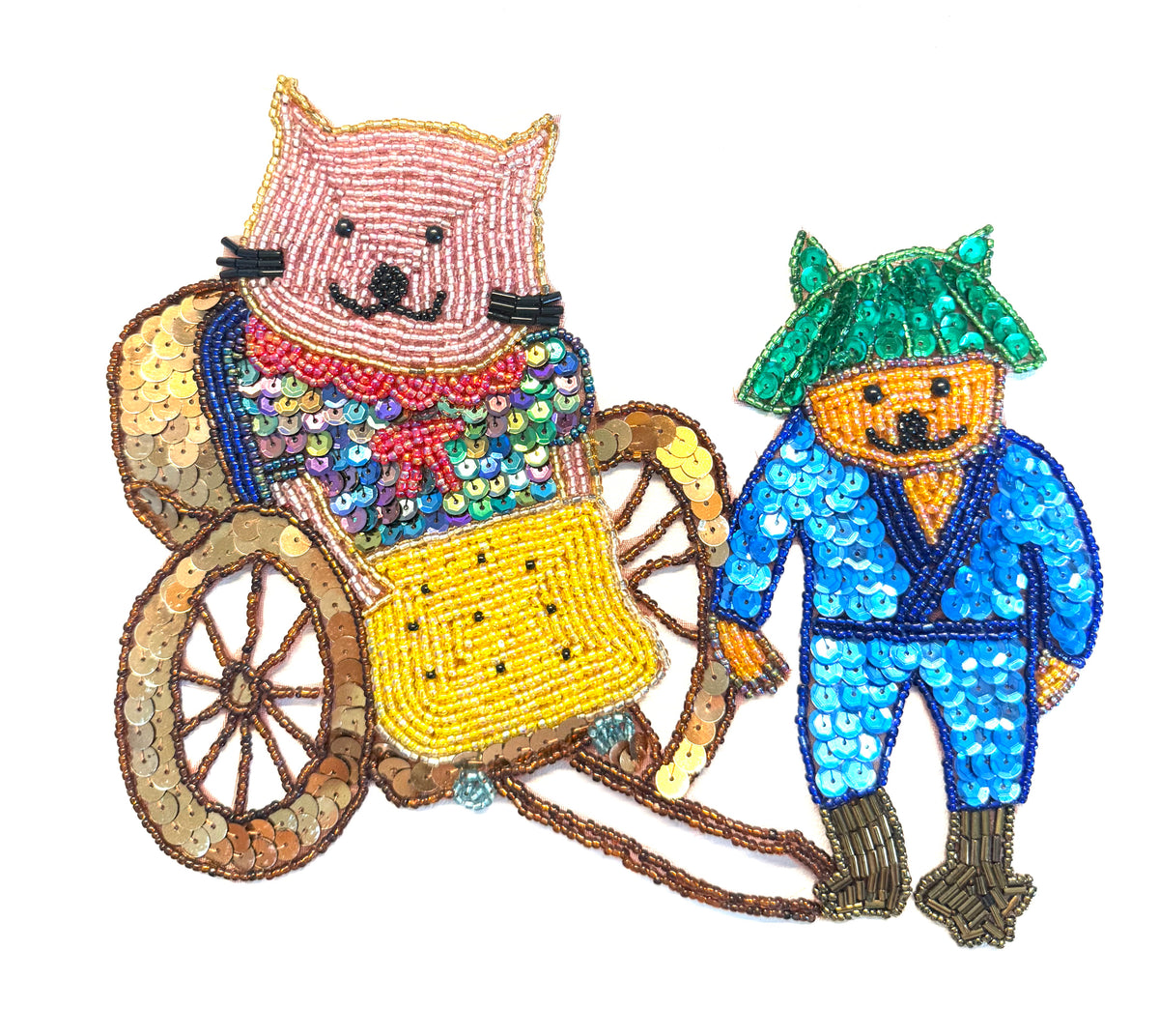 Gato Elegante Vestido en un Rickshaw con Conductor en Lentejuelas y Cuentas Multicolores 8" x 6.5"