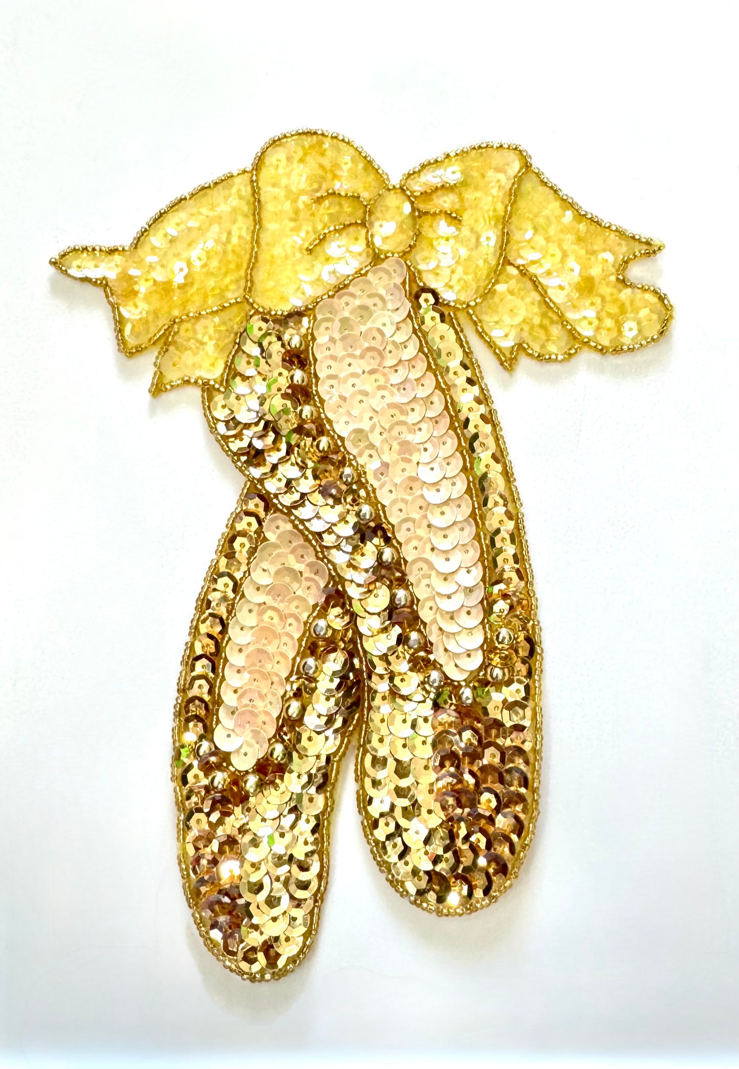Ballet Slippers with Gold, Iridescent Yellow and Cream Sequins and Gold Beads 7" x 6"