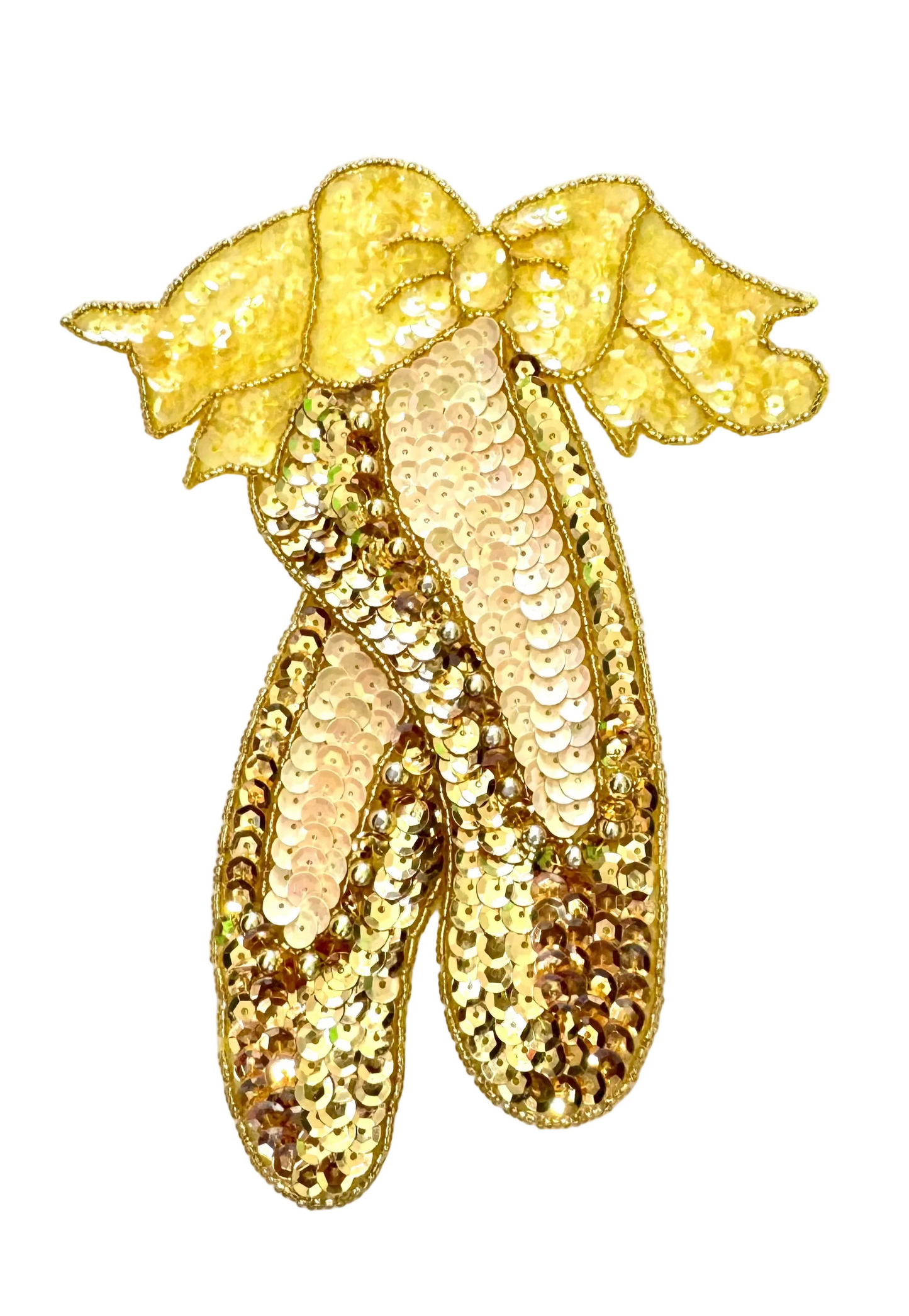 Zapatillas de ballet con lentejuelas doradas, amarillas iridiscentes y crema, y abalorios dorados 7" x 6"