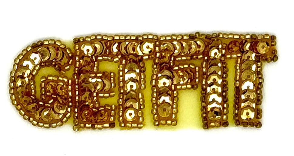 "Ponte en Forma" Frase, en lentejuelas doradas y ribete de cuentas doradas de 2.5 cm x 7.6 cm