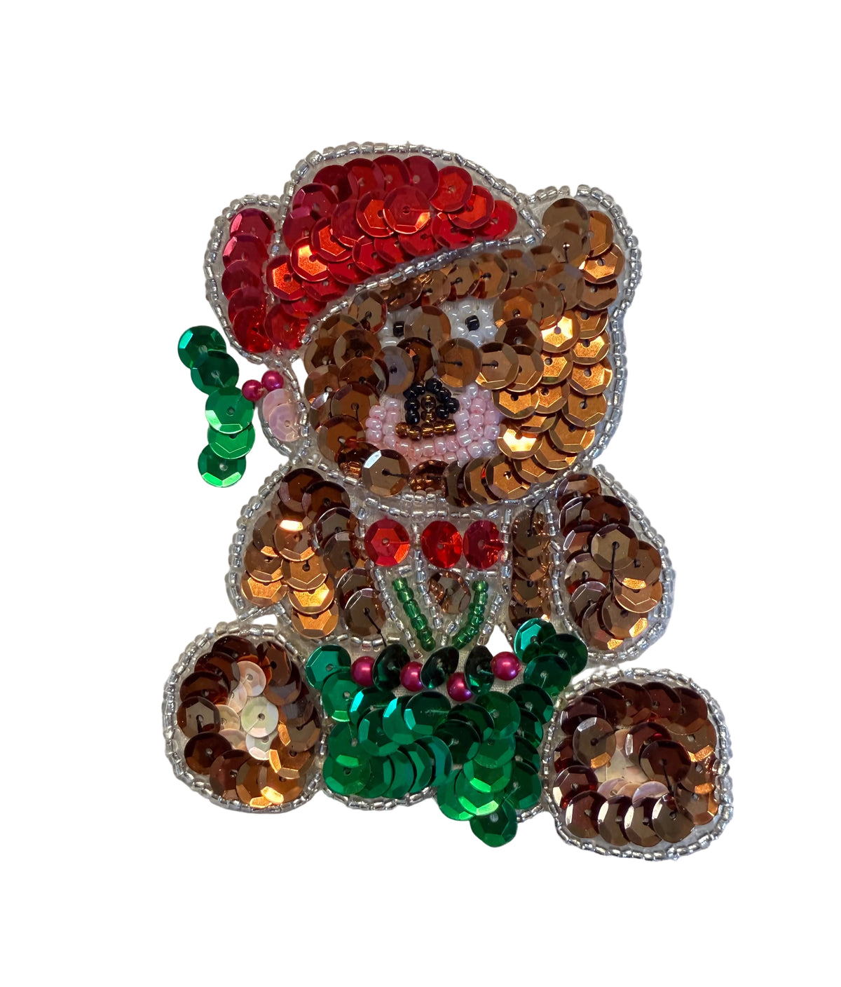 Christmas Brown Bear Appliqué - Multicolored Sequins - Glass Beads 4" x 3"