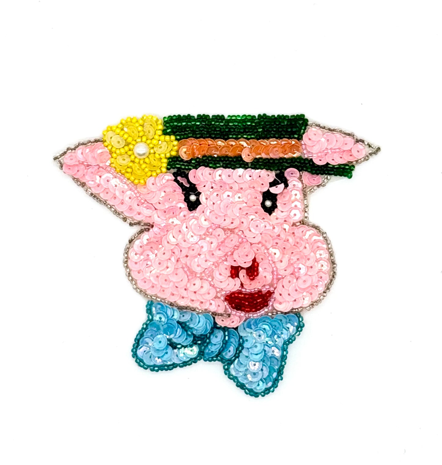 Sequined pig character with colorful hat on a white background