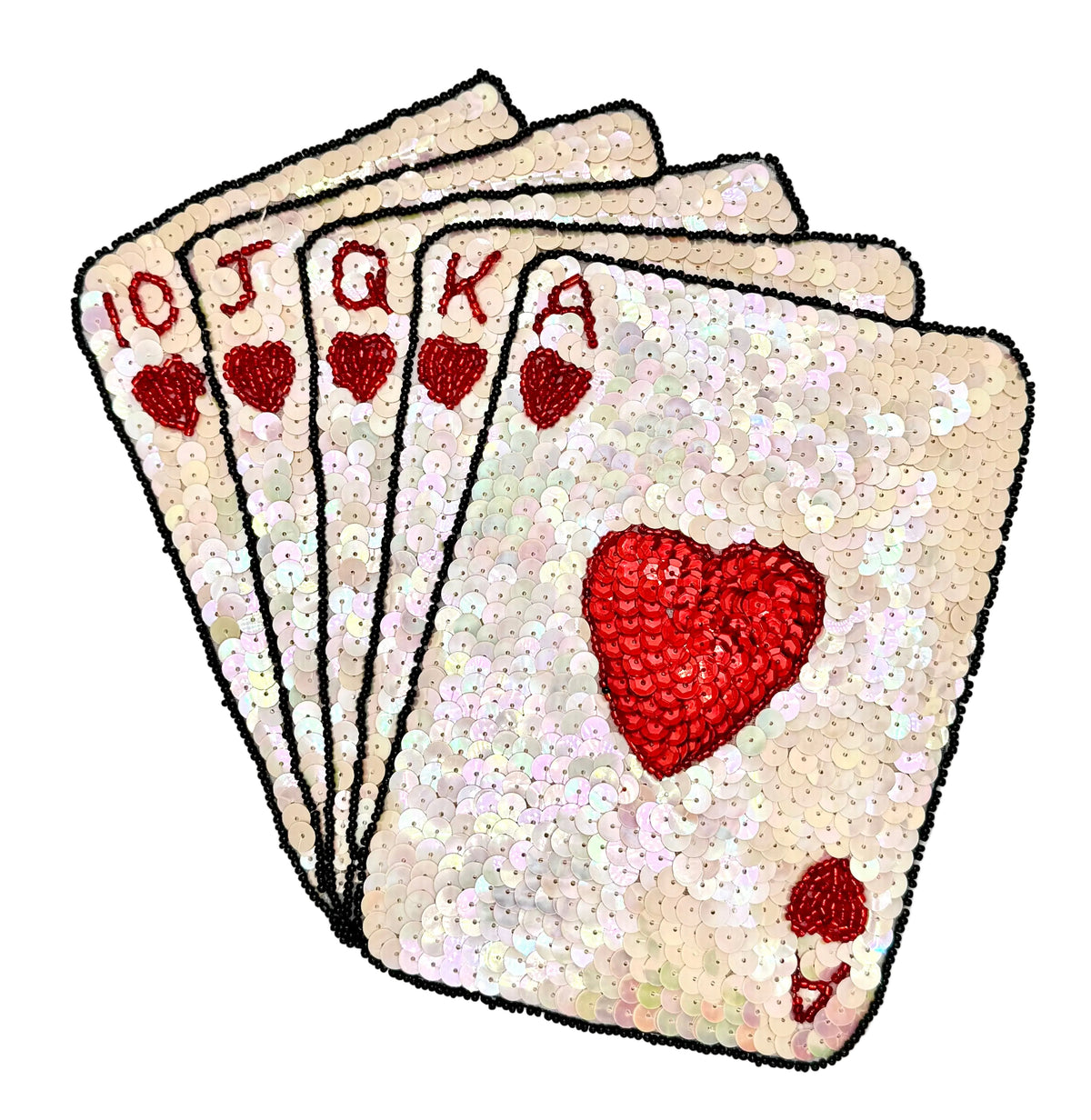 Royal Flush playing-card appliqué with beige and red sequins and black beads