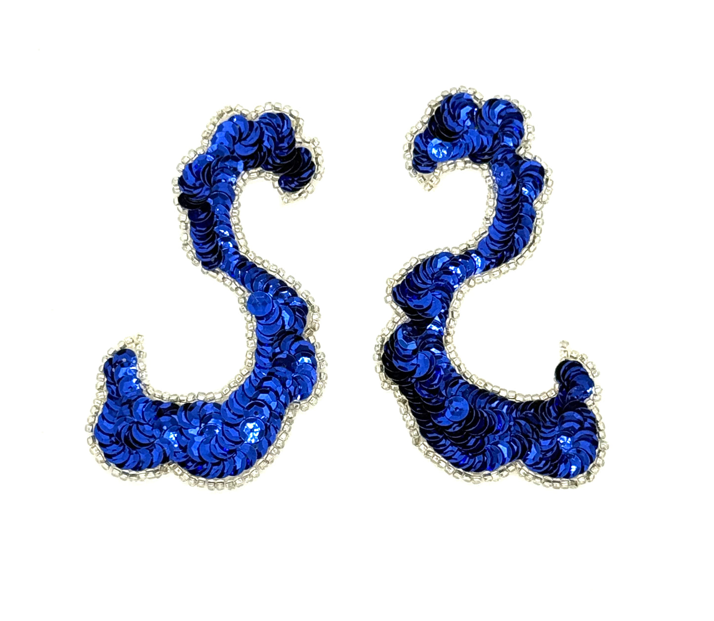 Designer Motif Swirl “S” Shaped Pair - Blue Sequins - Silver Beaded Trim 4”x 2.25”