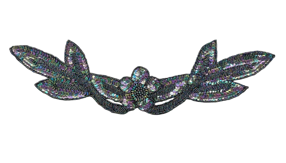 Flower Neckline & Waistline Appliqué – Moonlight Sequins & Glass Beads, 17" × 4.5"
