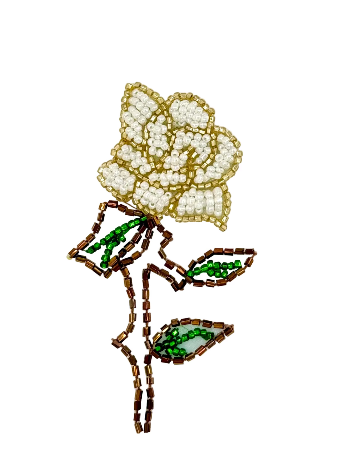 Beaded flower patchwith white center, brown stems, and green leaves on a white background