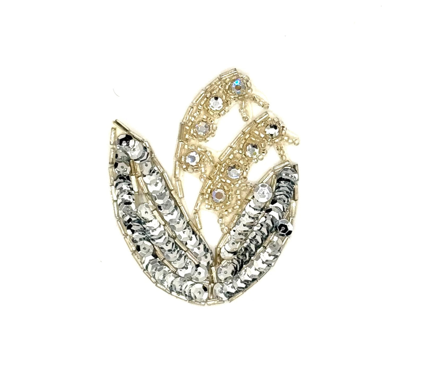 A clear and silver leaf-shaped appliqué embellished with clear rhinestones, shown on a plain white background.
