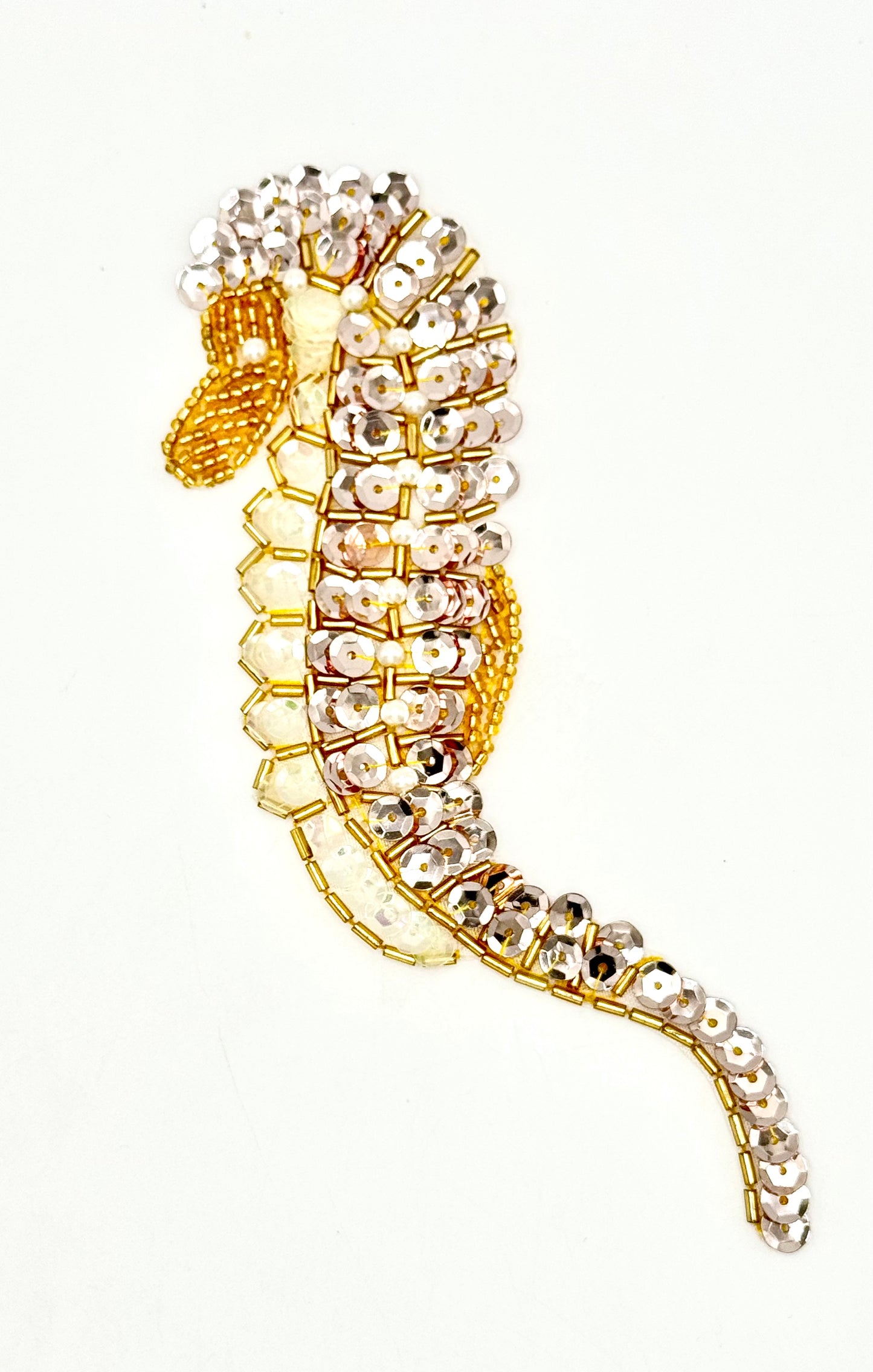 Seahorse Appliqué - Choice of Color Gold or Rose Gold Sequins - Glass Beads - Pearls 6” x 2.25”
