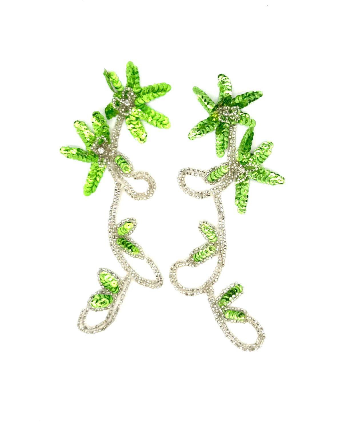 Par de flores con lentejuelas verde brillante, abalorios plateados y diamantes de imitación 8" x 3"