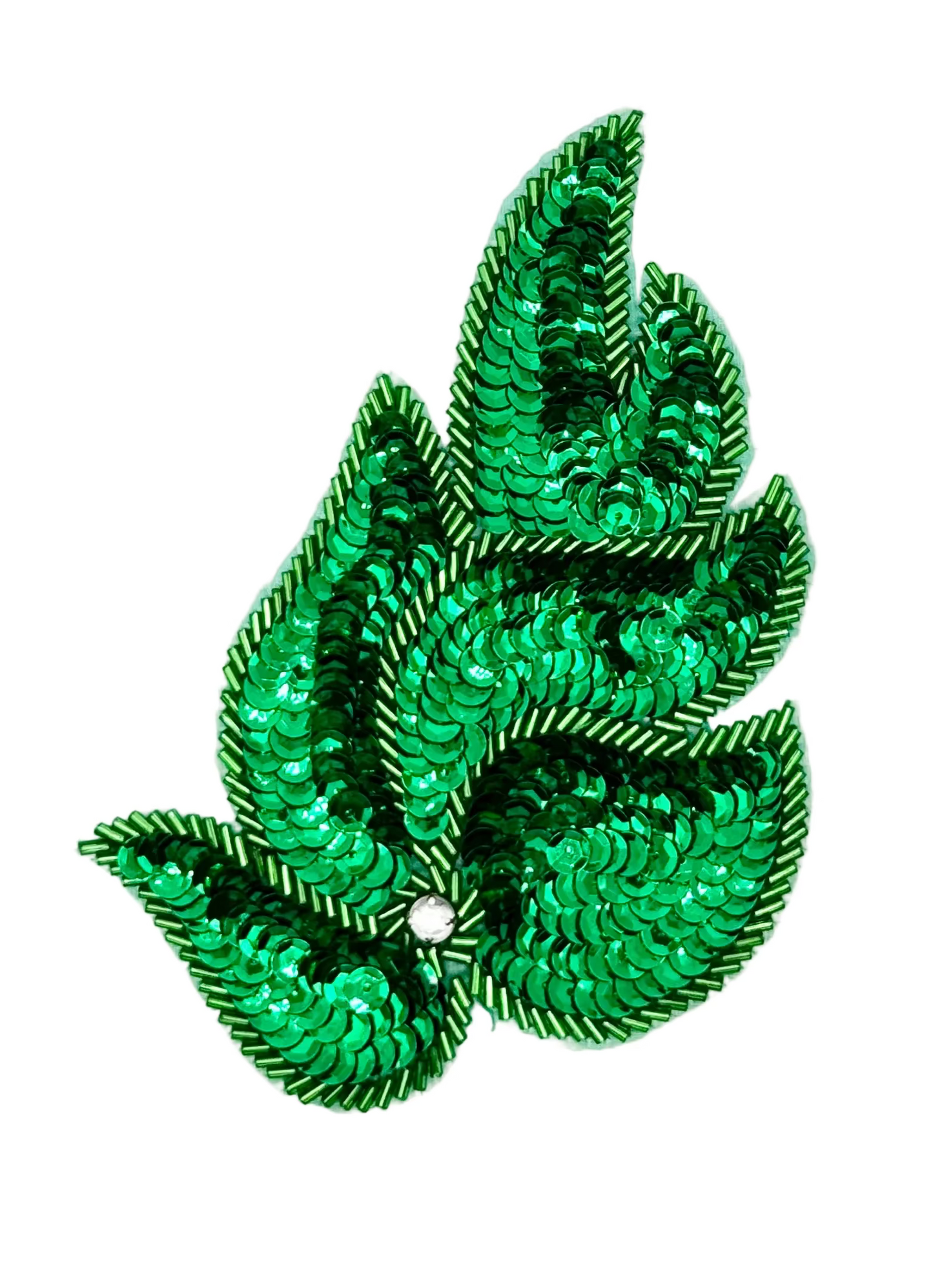 Green Leaf Motif with Green Sequins and Beads - Rhinestone Accent 6" x 4"