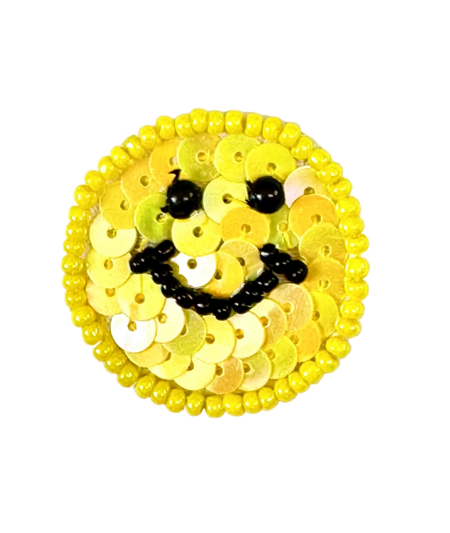 Smiley Face with yellow sequins and black details on a white background