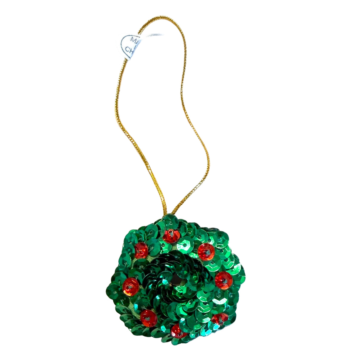 Green & Red Sequin Christmas Wreath Ornament with Glass Beads