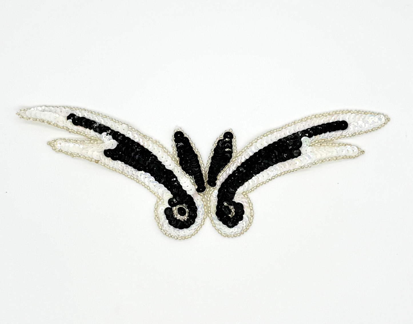 Designer Motif Wing - Black/White Sequins - Silver Beaded Trim 9" x 3"