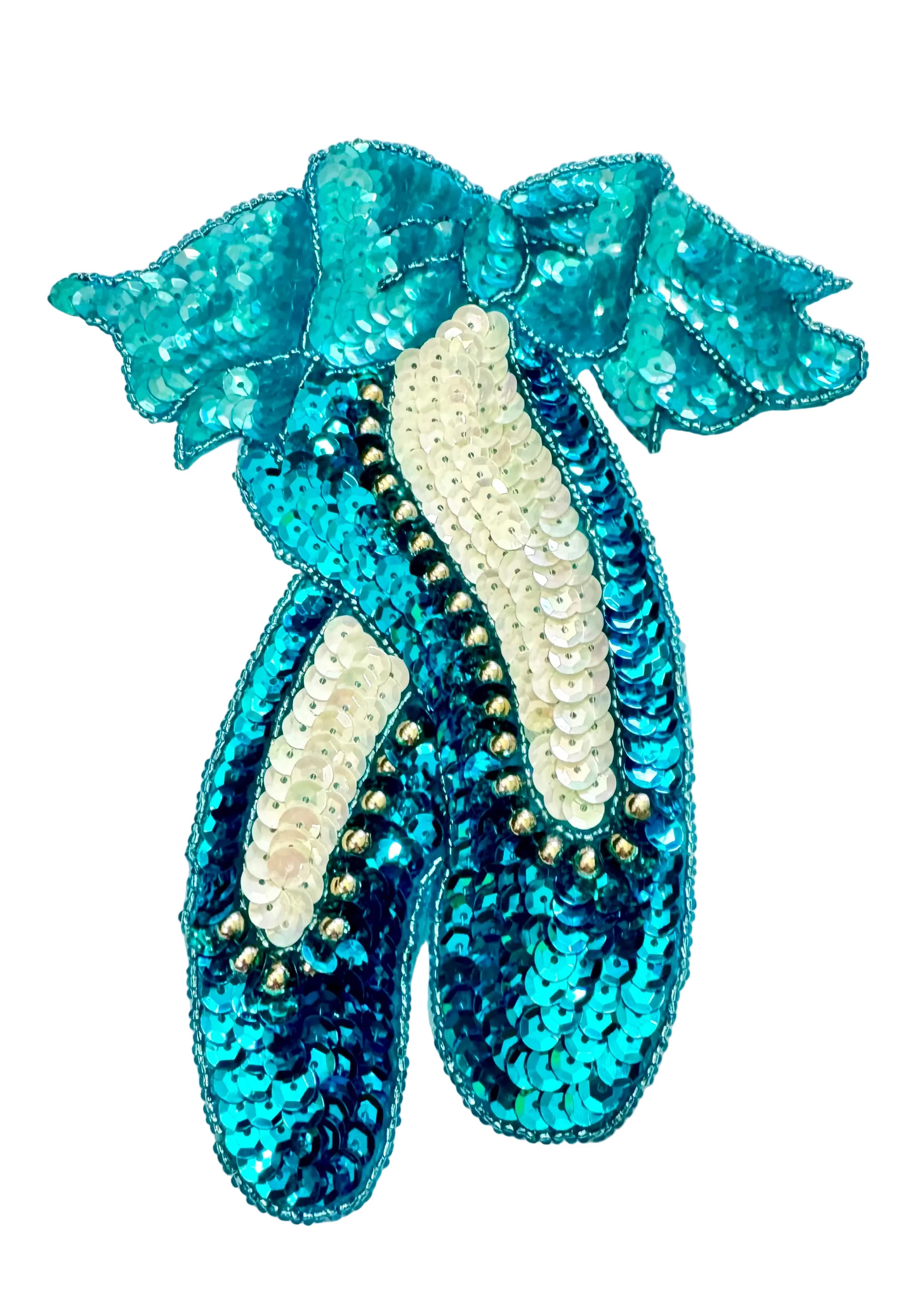 Zapatillas de ballet con lentejuelas turquesas y blancas iridiscentes y abalorios dorados y turquesas grandes de 17,78 cm x 15,24 cm