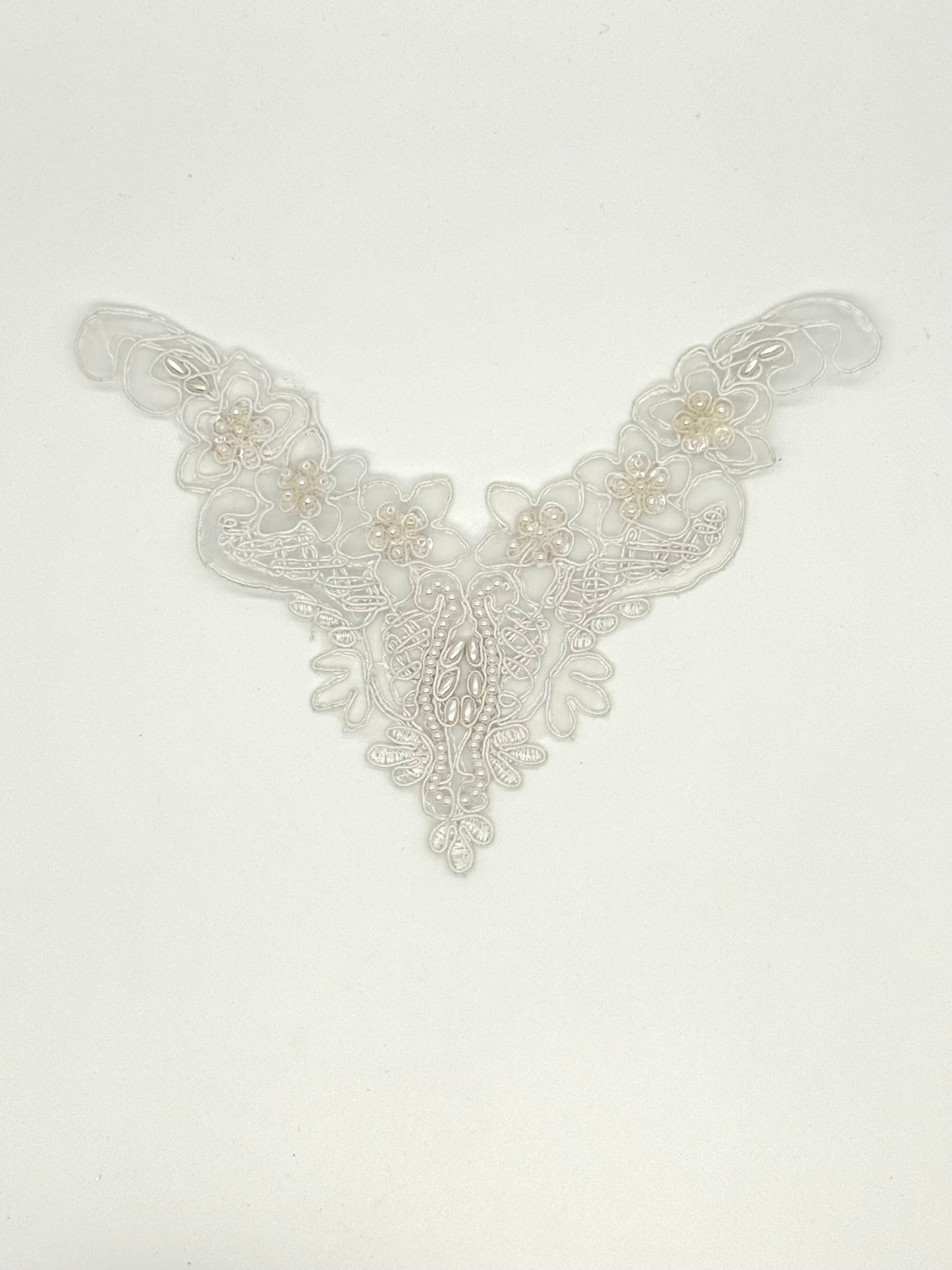 Designer Motif Embroidered Neckpiece - White - Iridescent Sequins - Glass Beads - Pearls 8” x 6”