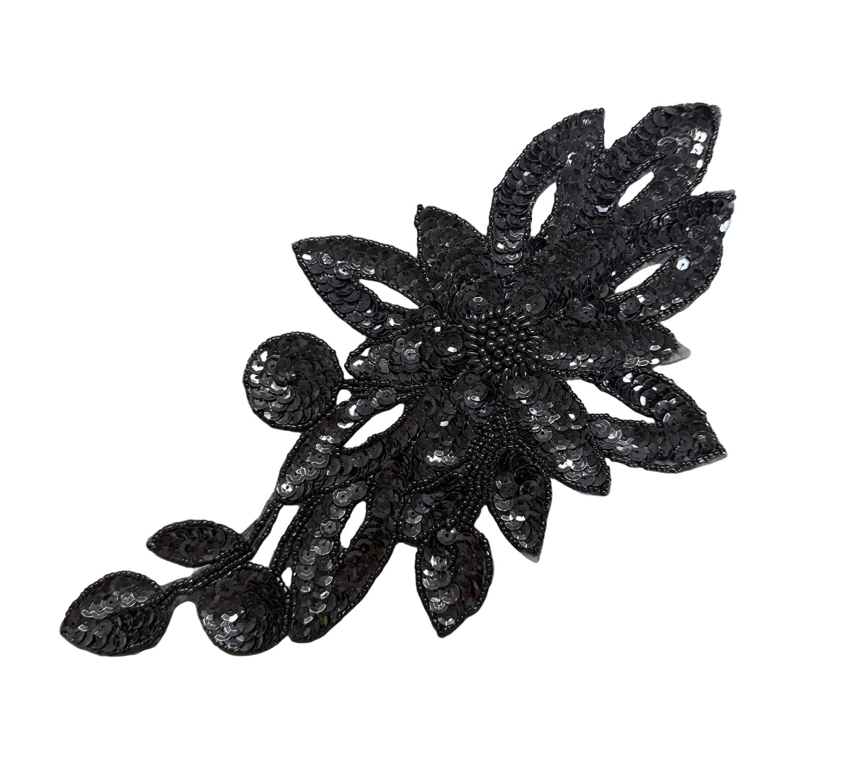 Black Sequin & Bead Floral Appliqué with Leaf Vine 11.5" x 6.5"