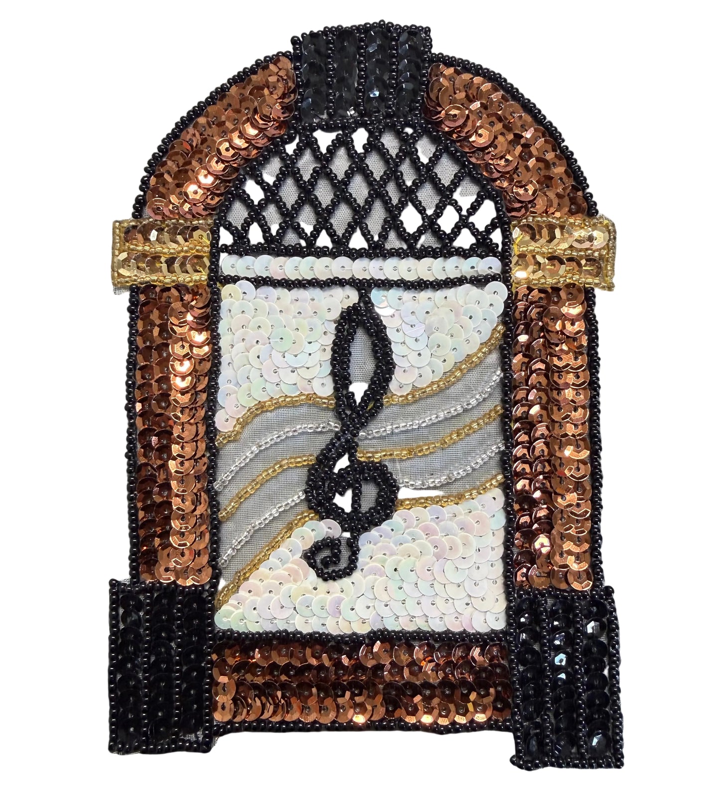 Jukebox con lentejuelas y abalorios de bronce, negro, blanco y dorado de 16,5 cm x 11,4 cm