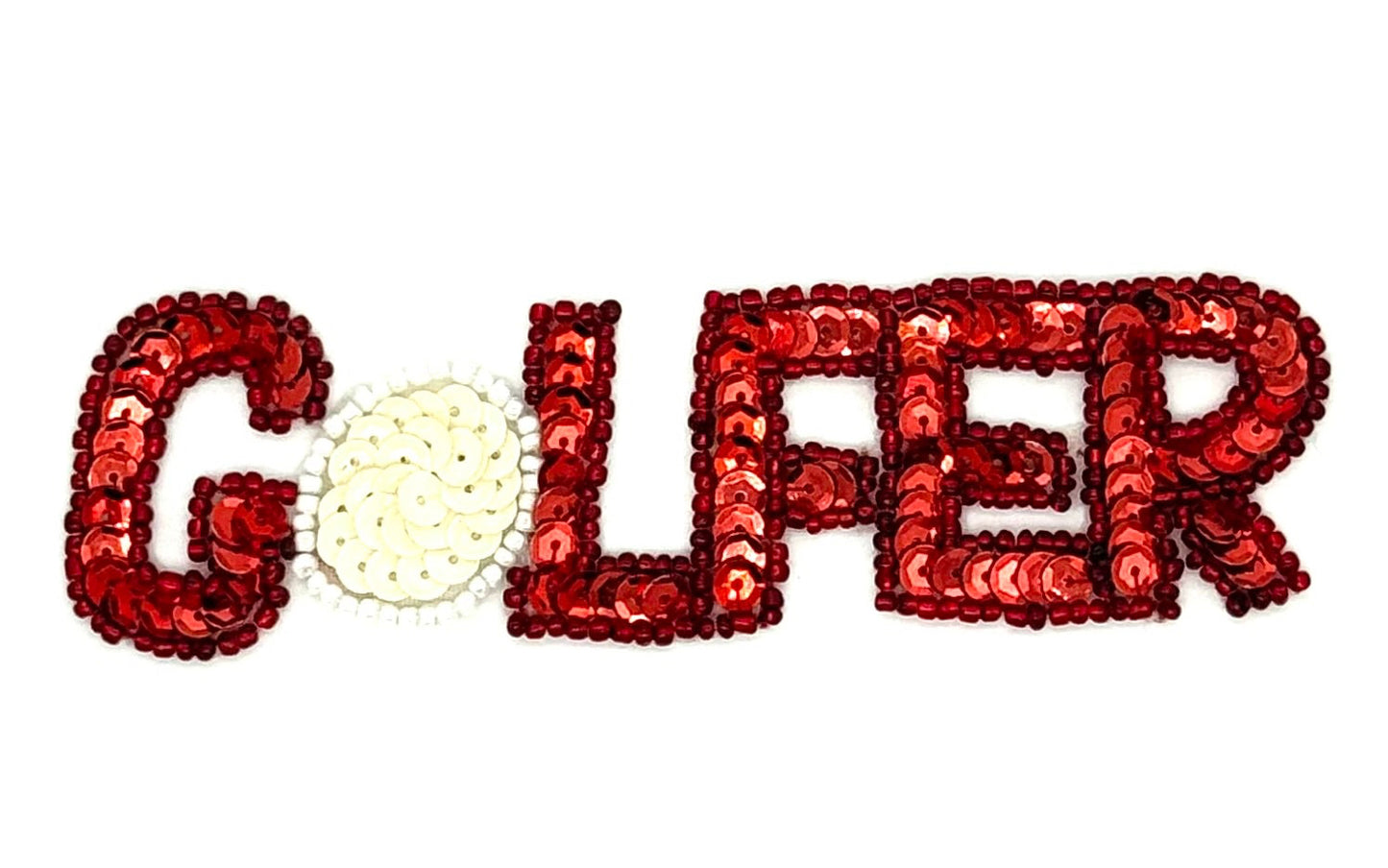 Word “Golfer” Appliqué - Red/ivory Sequins - Glass Beads - Choice of Size 5" x 1.5" or 4" x 1"