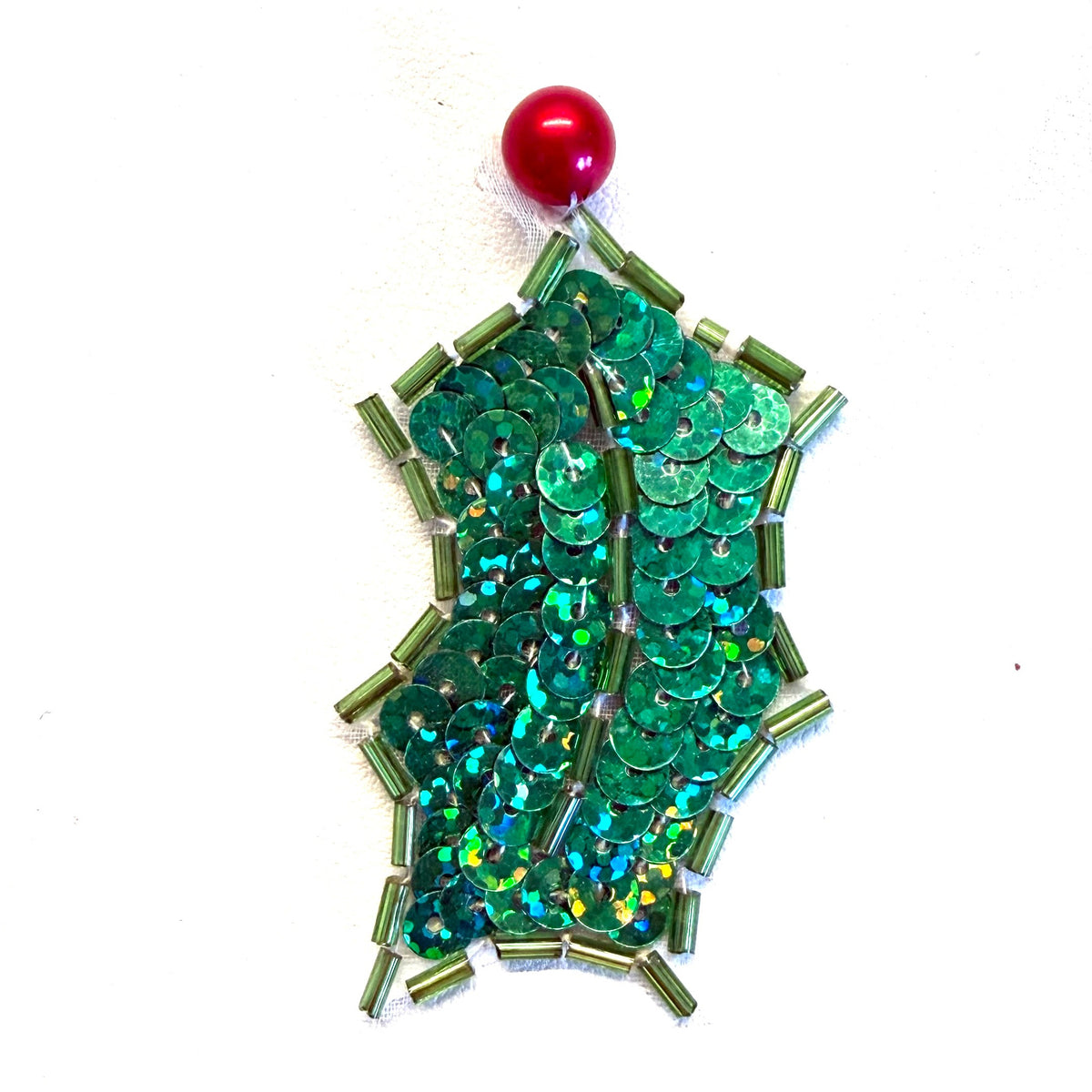 Holly Berry Leaf Sequin & Bead Appliqué Pair or Single - 2.75" x 1.5"