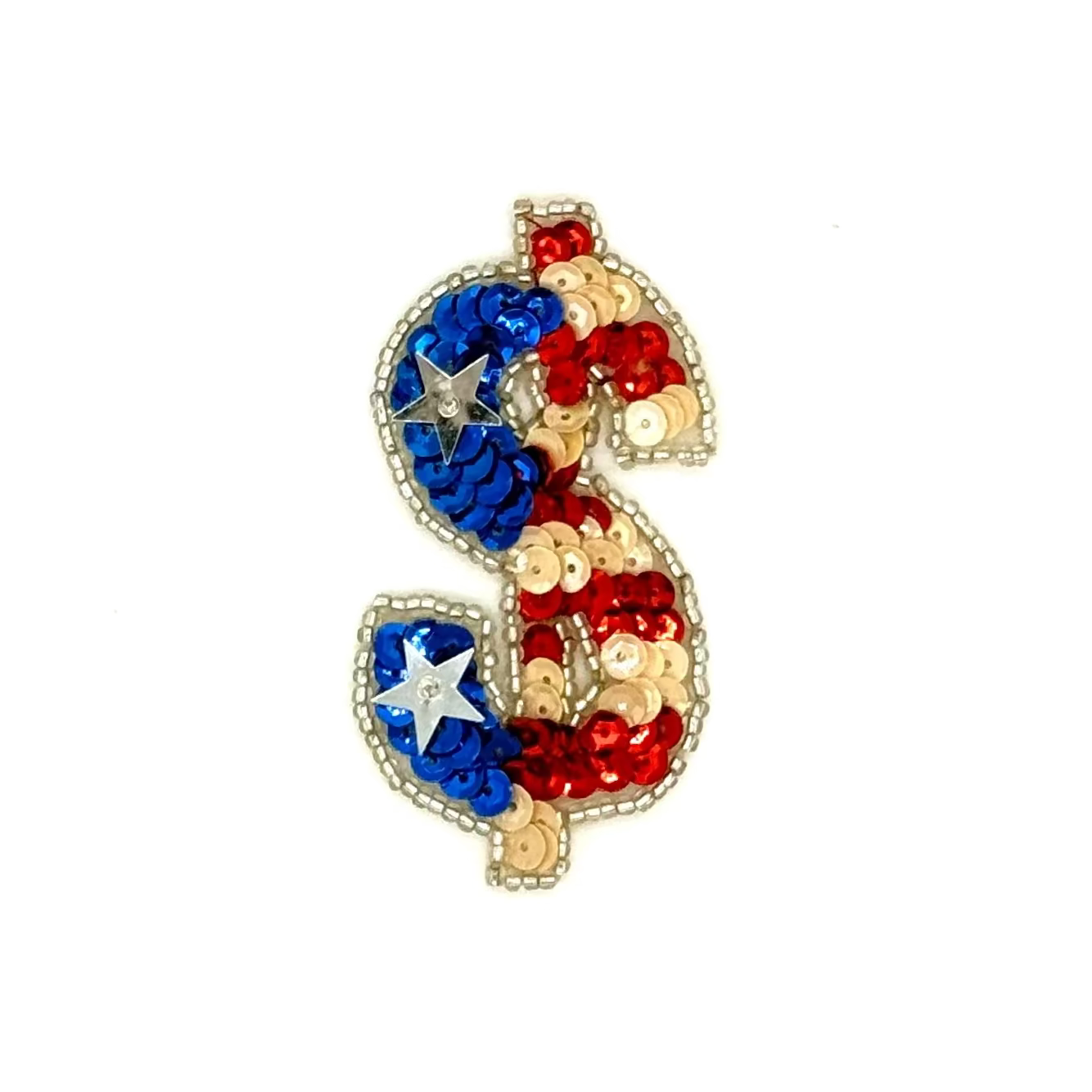 Dollar Sign Patriotic American Flag - Red/Beige/Blue Sequins 0- Silver Glass Beads - 3" x 1.5"