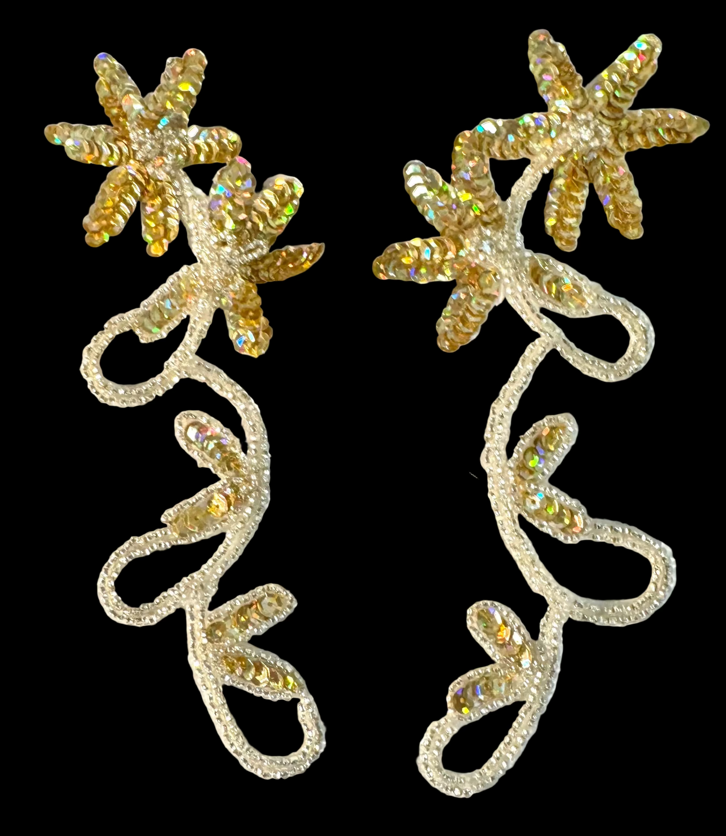 Flower Pair with Gold Laser Sequins and Silver Beads and Rhinestones 8" x 3"