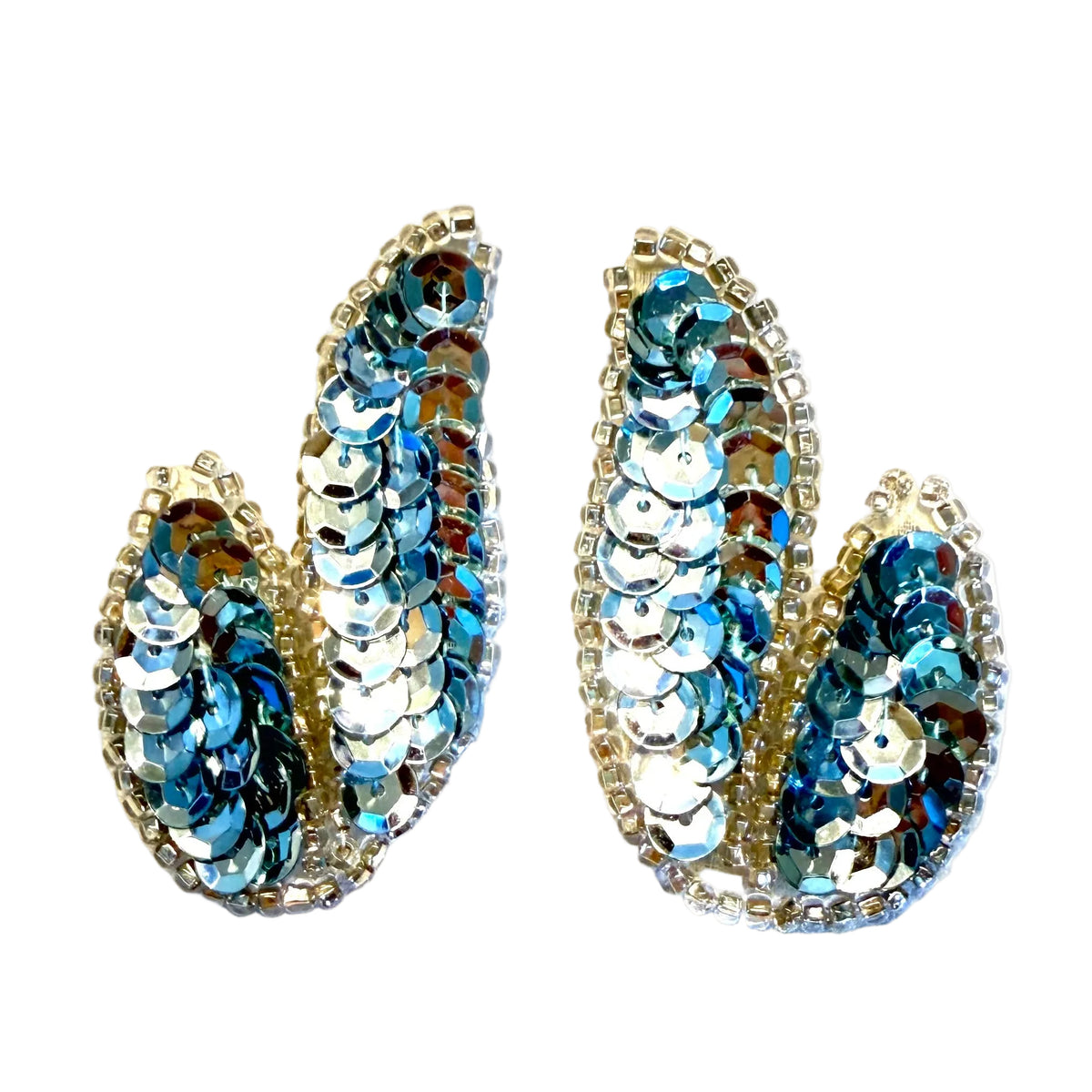 Leaf Pair Appliqué – Ice Blue Sequins & Silver Beads | 2" x 1.25"