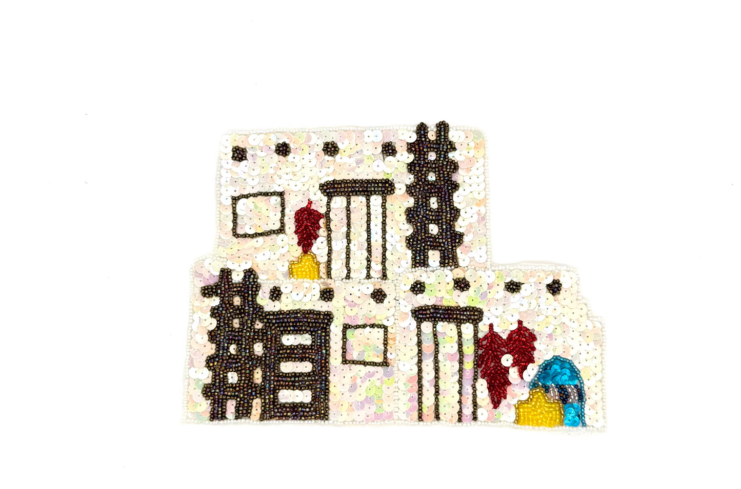 Aplique de casa de pueblo Adobe - Selección de lentejuelas iridiscentes blancas/Spotlite - Cuentas de cristal multicolor de 8.5" x 6"