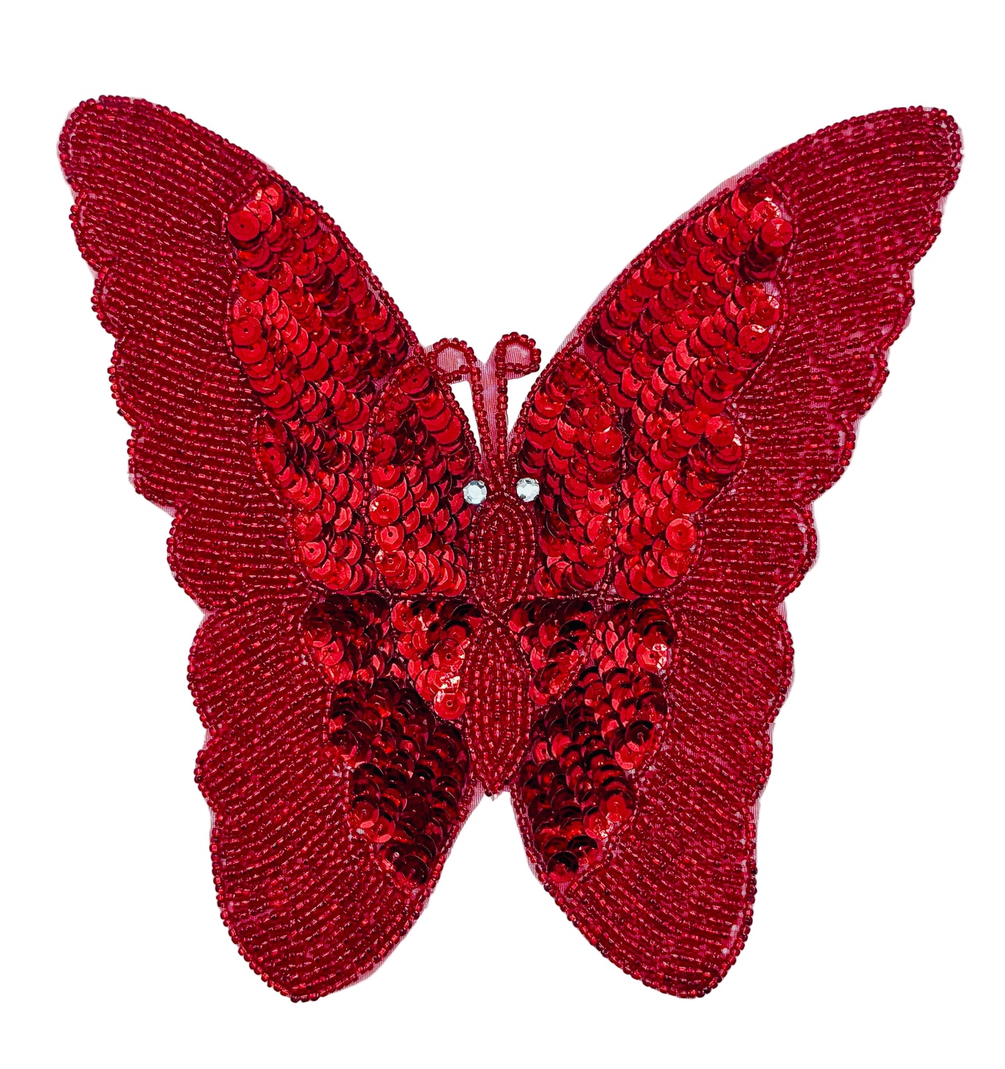 Red butterfly-shaped sequin patch on a white background