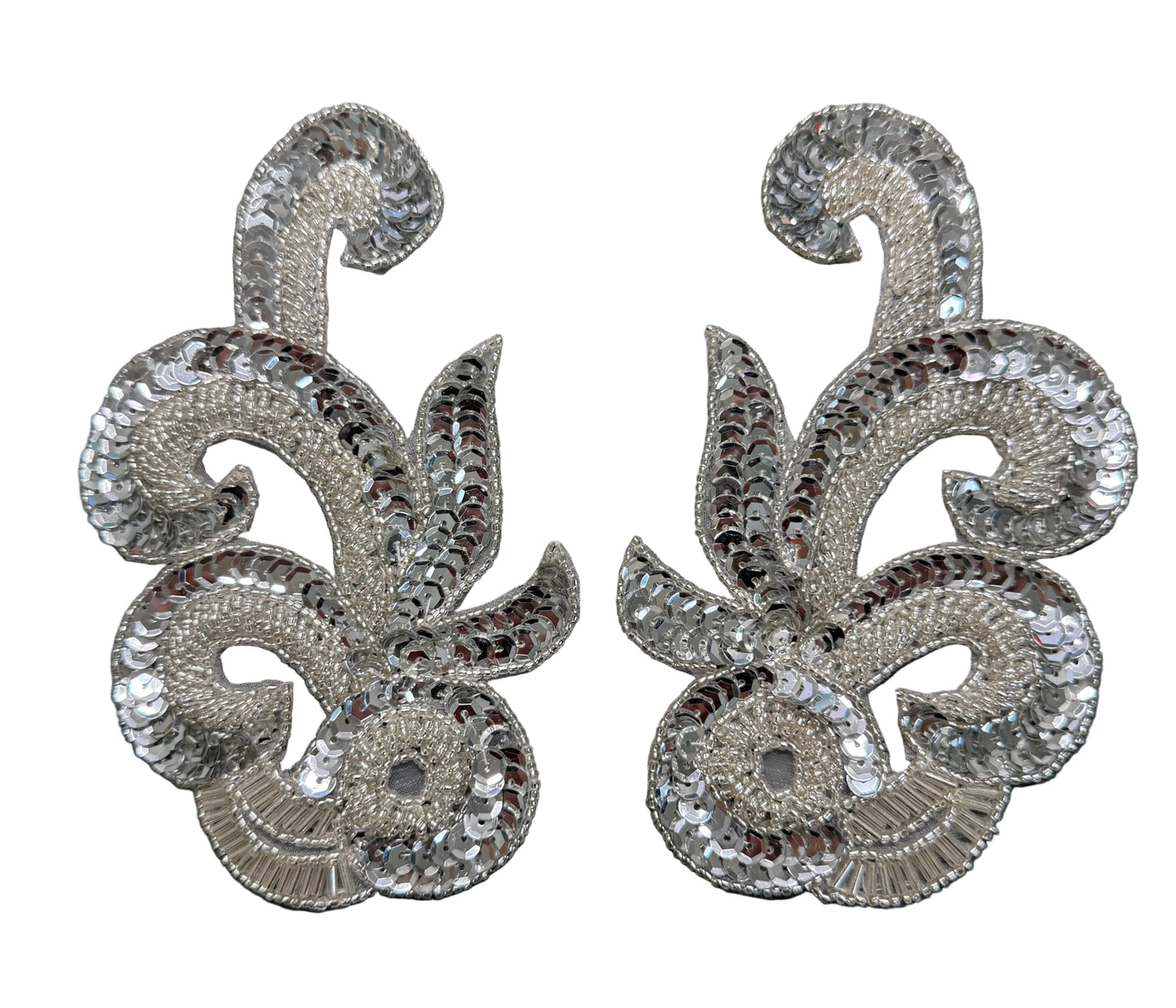 Designer Motif Swirl Pair - Silver Sequins - Silver Glass Beads 6" x 4"