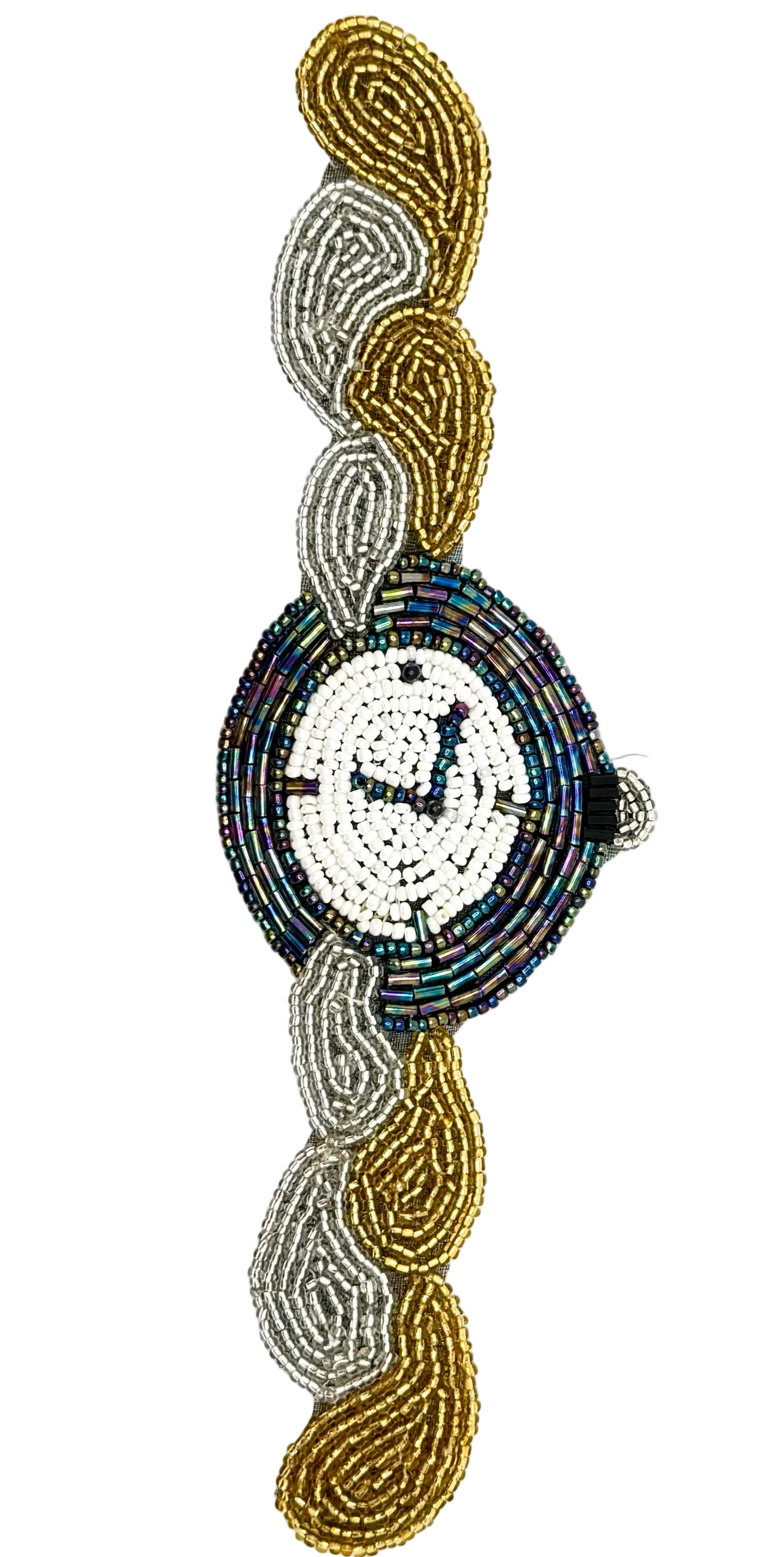 Decorative beaded watch with gold, silver, and blue patterns on a white background