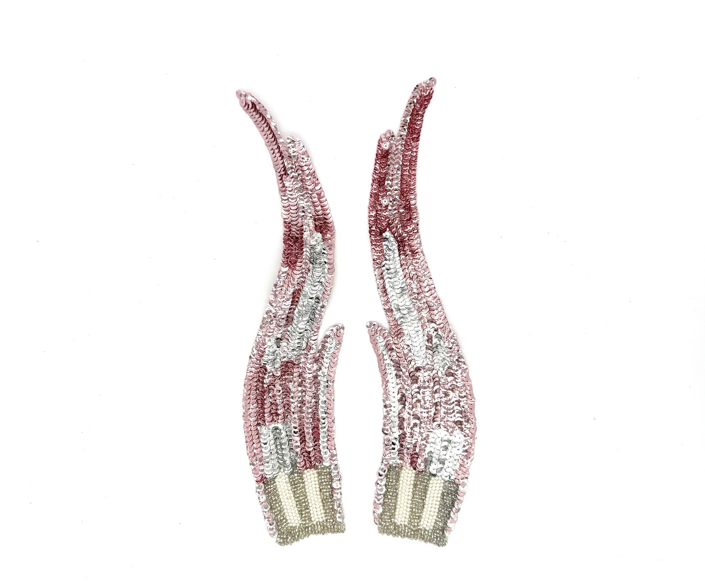 Flame Appliqué - Pair - Pink/Silver Sequins - Silver Glass Beads - Pearl Beads 12" x 3"