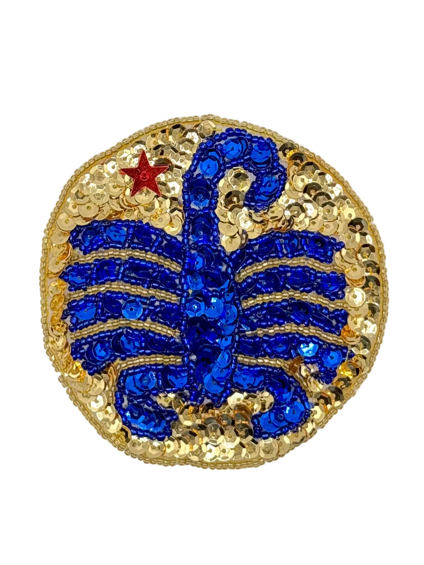 Zodiac scorpio patch with blue design and gold and red accents on a white background