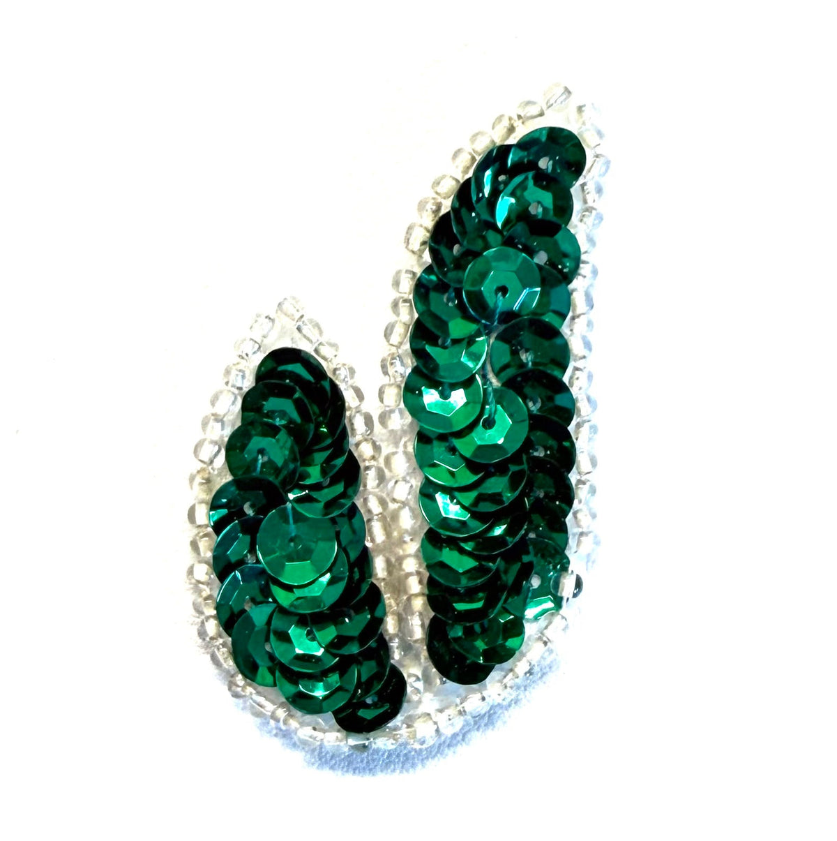 Emerald Green Sequin Leaf Appliqué with Silver Glass Beads, 2 x 1.25 in