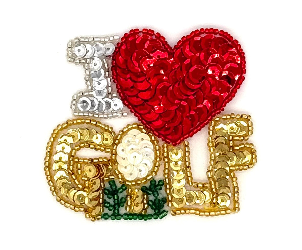 "AMO EL GOLF" Frase y Setos Verdes con Lentejuelas Doradas, Plateadas, Rojas y Crema - Cuentas Rojas, Plateadas, Doradas y Verdes 3" x 2.5"