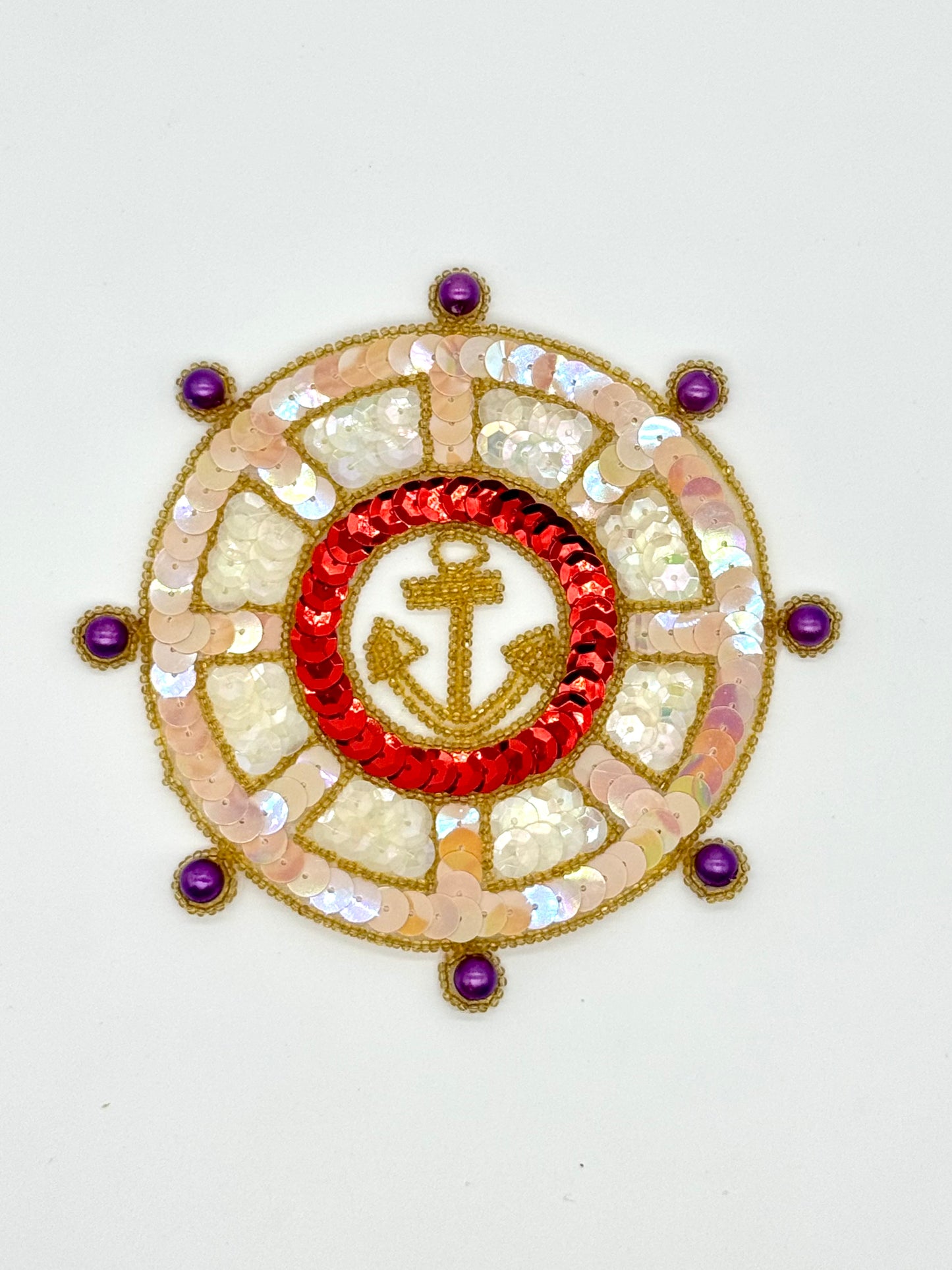 Ship’s Wheel with Gold Anchor - Multicolored Sequins - Gold Beads - Purple Pearls 5.25"