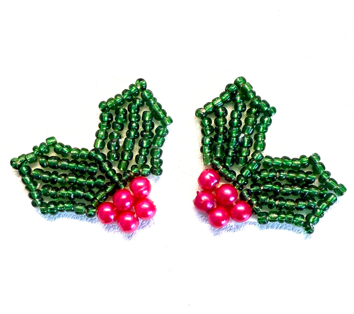 Christmas Holly Appliqué Pair with Glass & Pearl Beads, 1.25" x 1"