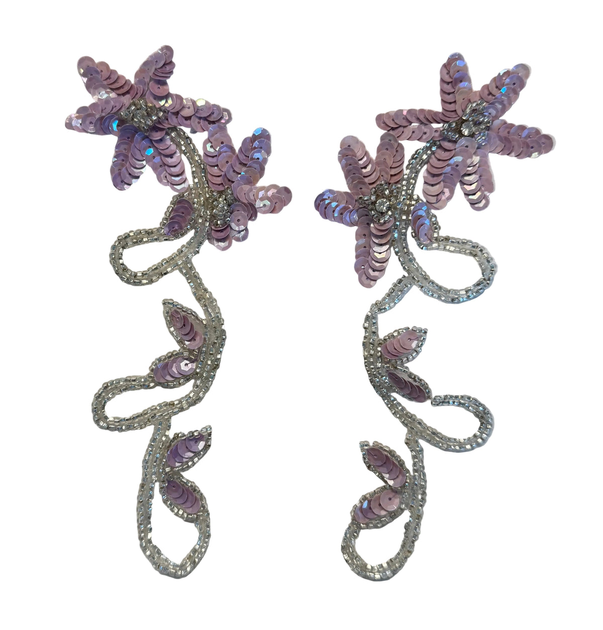 Flower Appliqué – Lavender Sequins, Silver Glass Beads & Rhinestones | 8" x 3"