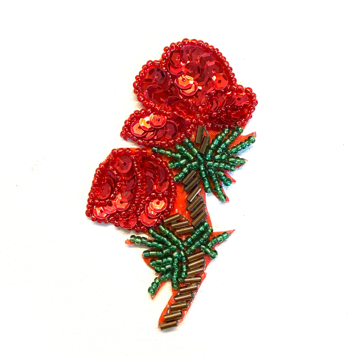 Red Double Rose Sequin & Beaded Appliqué, 3.5" × 1.75"