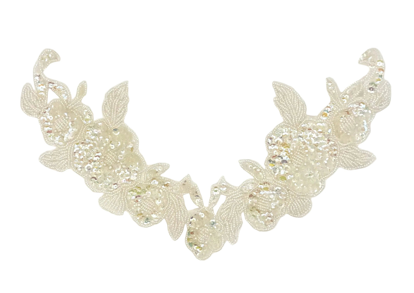 Designer Motif Flower Neckpiece Iridescent White Sequins - Glass Beads - Pearls 9" x 7"