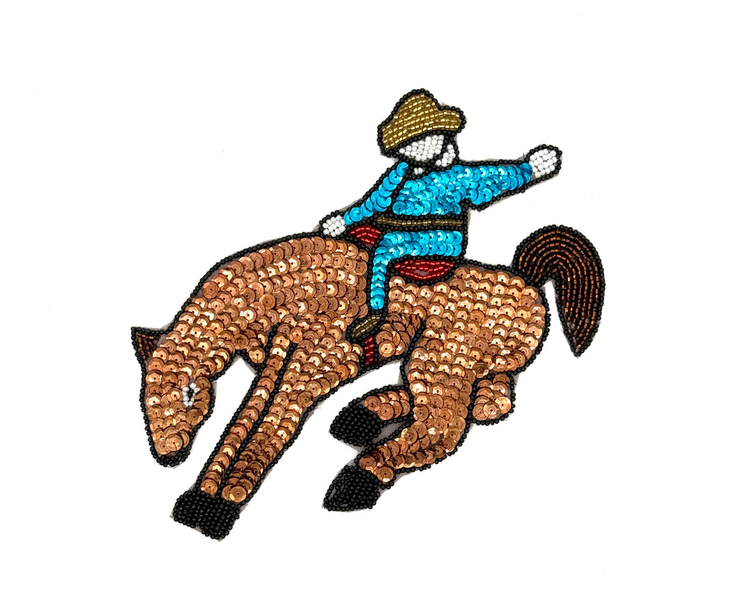 Bucking Horse with Rider - Brown/Turquoise Sequins - Multicolored Beads 7" x 7"