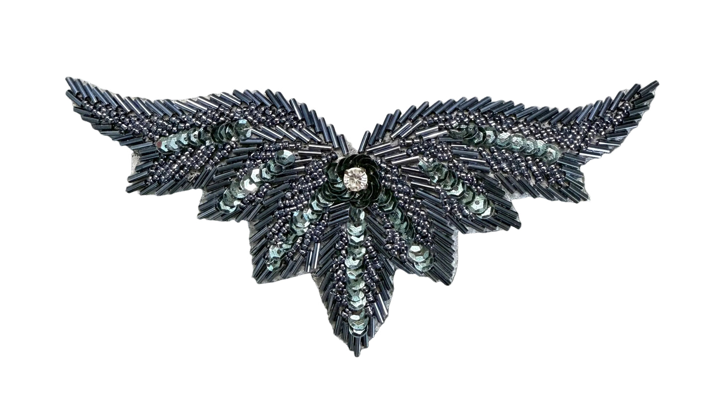 Designer Motif - Wing Shaped -Gray Sequins/Beads - Choice Center Rhinestone 7.5" x 3"