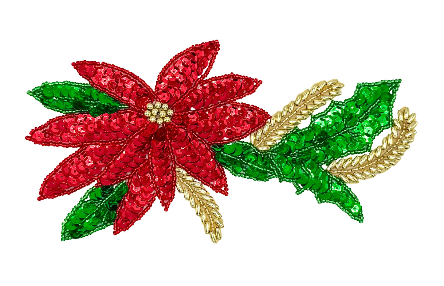 A festive sequined holiday motif featuring a red poinsettia flower, green leaves, and gold wheat stalks on a plain white background.