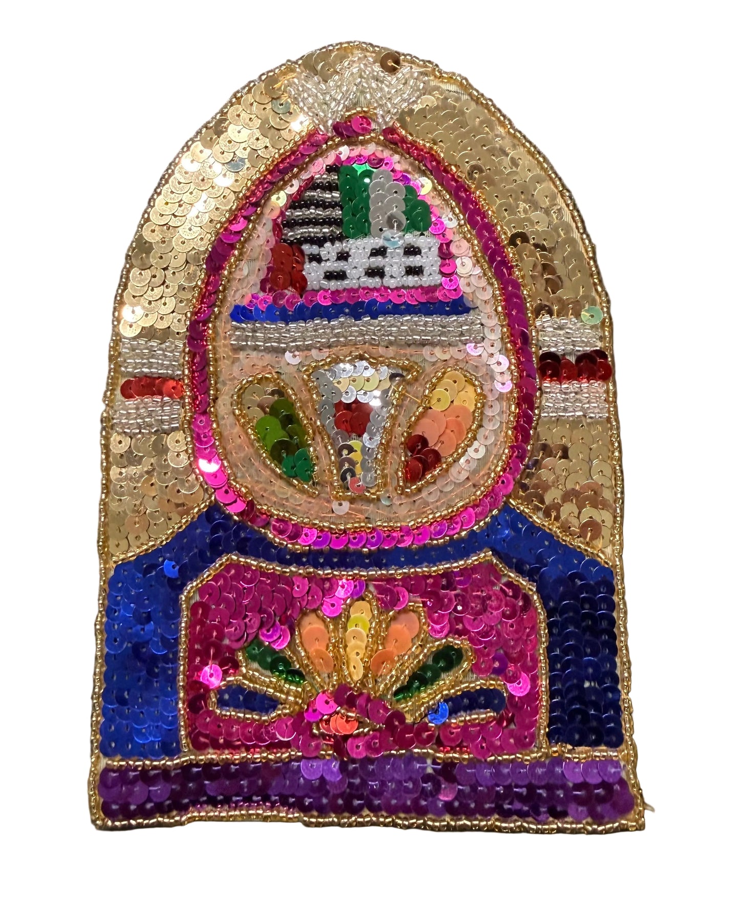 Jukebox con lentejuelas doradas, azules y fucsias de 17,78 cm x 12,06 cm