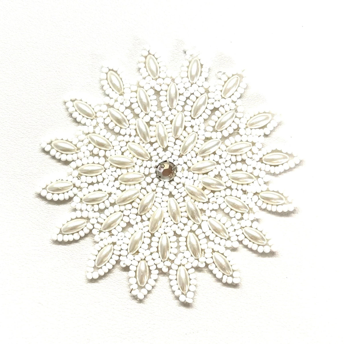 White Pearl & Bead Flower Appliqué with Rhinestone Center – 3.25" x 3.25"