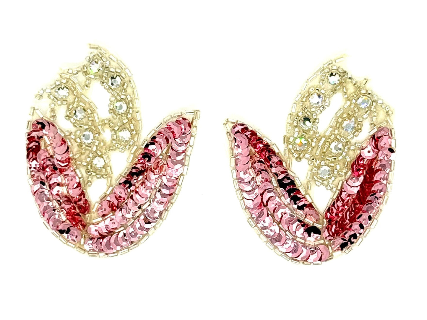 Flower Pair Appliqué – Pink Sequins, Bugle & Glass Beads with Rhinestones 3" x 2.5"