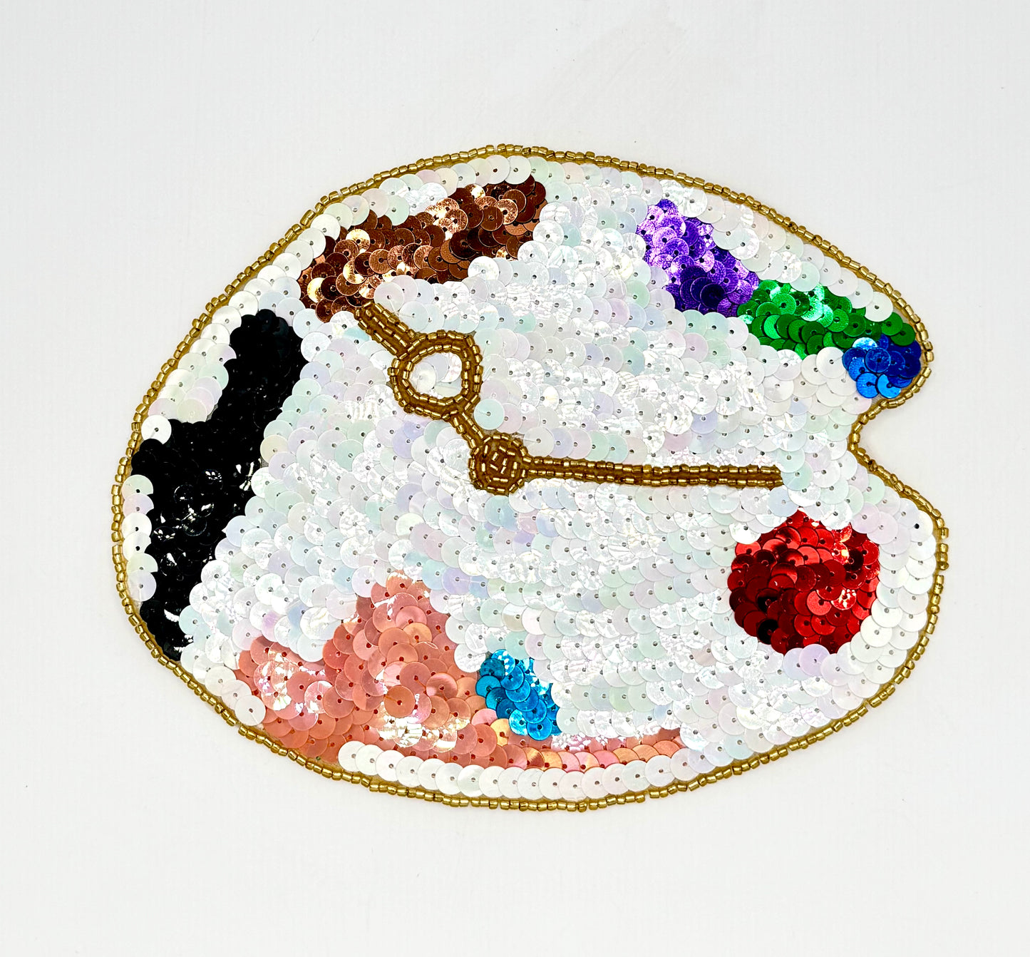 Aplicación de Reloj de Paleta de Pintor - Lentejuelas Blancas Iridiscentes/Multicolores - Cuentas Doradas 6.5" x 5.25"