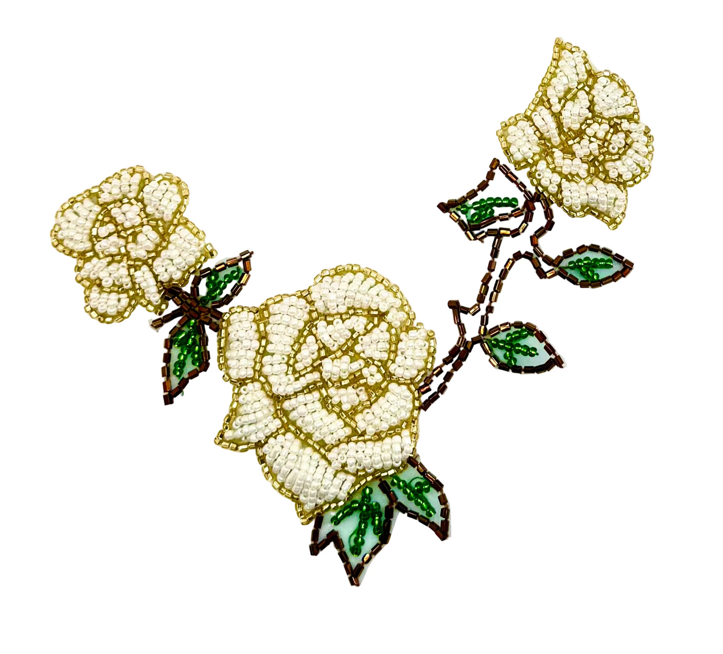 Triple Rose Beaded Appliqué – White, Gold, Bronze & Green Glass Beads 5.5" x 5.5"