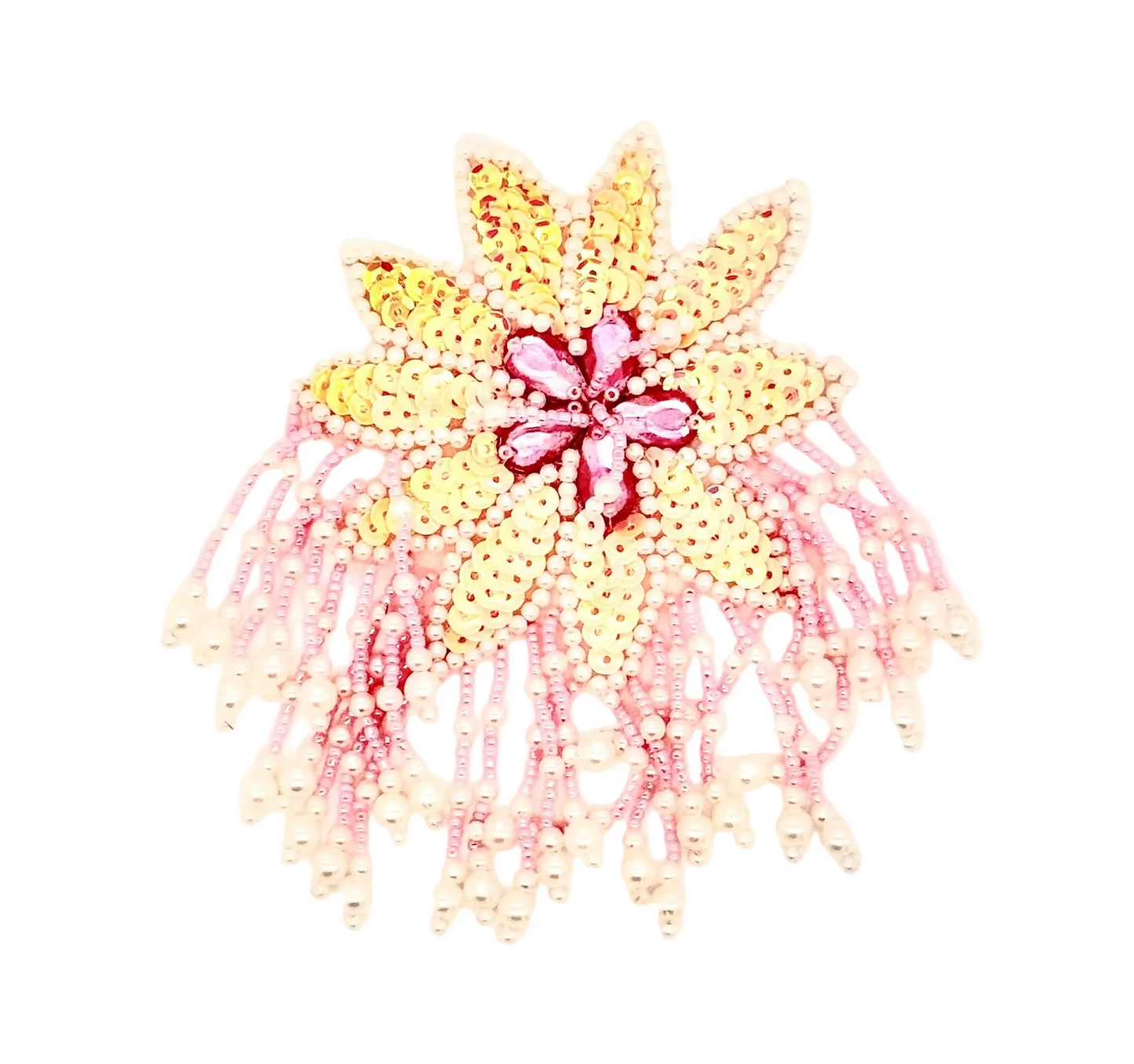 Epaulet - Beige Sequins - Pink/White Beads 5" x 3.5"